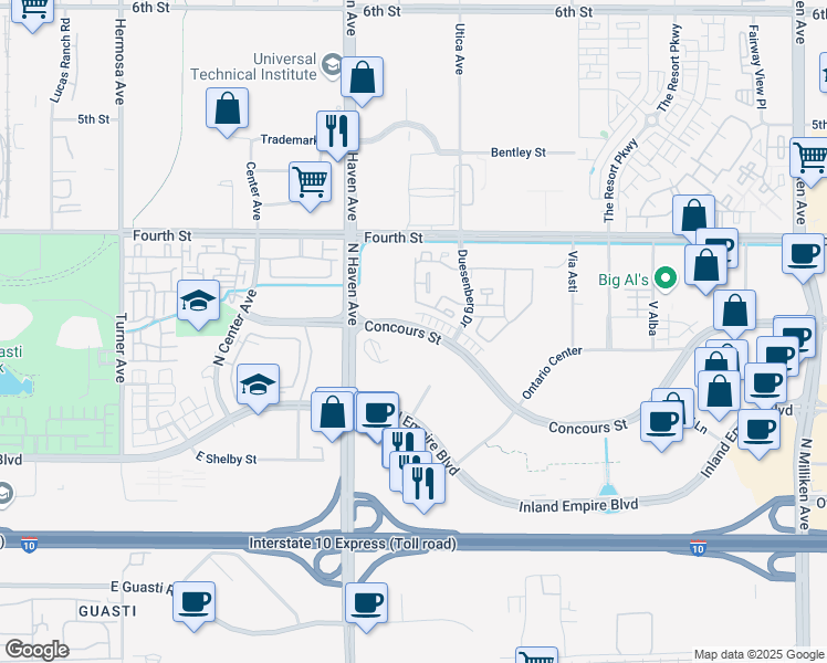 map of restaurants, bars, coffee shops, grocery stores, and more near 3536 Concours Street in Ontario