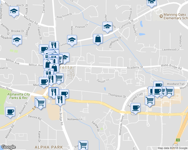 map of restaurants, bars, coffee shops, grocery stores, and more near 2436 Loxford Lane in Alpharetta