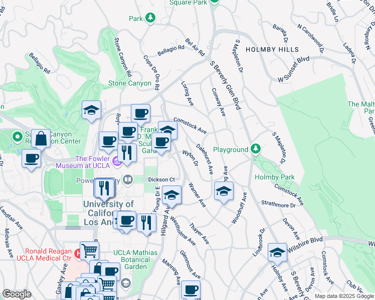 map of restaurants, bars, coffee shops, grocery stores, and more near 10571 Wyton Drive in Los Angeles