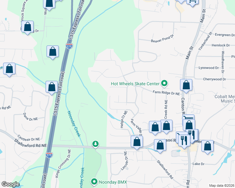 map of restaurants, bars, coffee shops, grocery stores, and more near 5109 Buckline Court Northwest in Woodstock