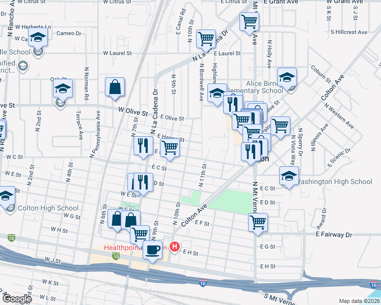 map of restaurants, bars, coffee shops, grocery stores, and more near 888 North 10th Street in Colton