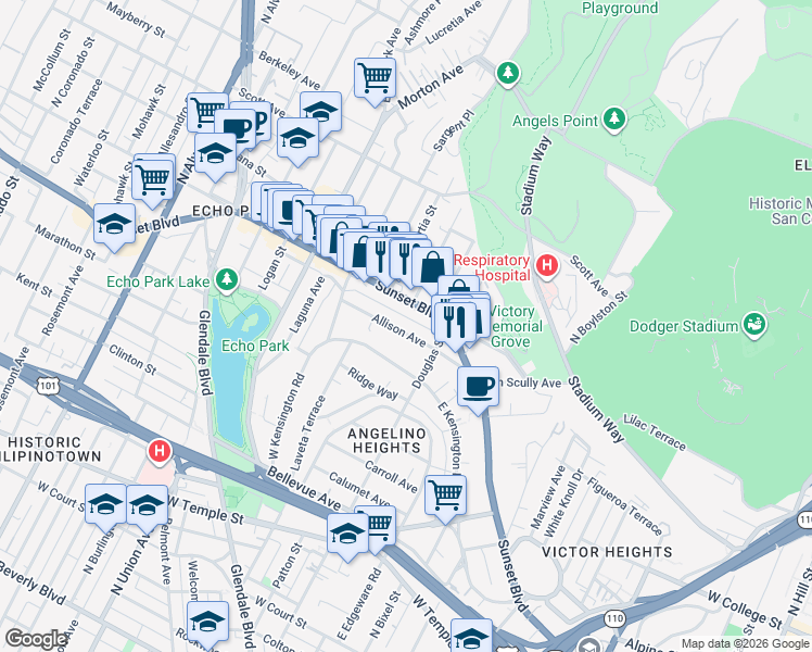 map of restaurants, bars, coffee shops, grocery stores, and more near 1443 Allison Avenue in Los Angeles