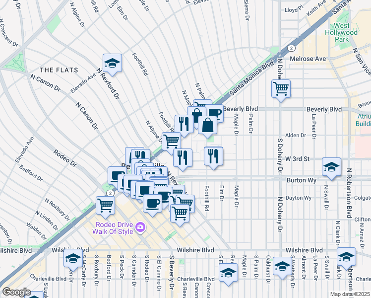 map of restaurants, bars, coffee shops, grocery stores, and more near 9346 Civic Center Drive in Beverly Hills