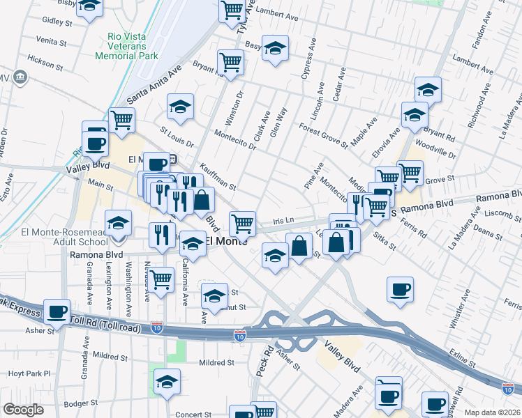 map of restaurants, bars, coffee shops, grocery stores, and more near in El Monte