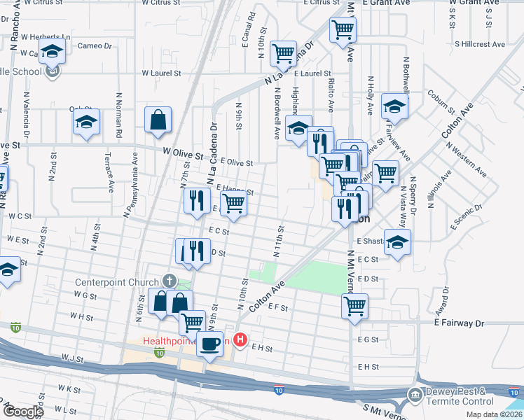 map of restaurants, bars, coffee shops, grocery stores, and more near 888 North 10th Street in Colton