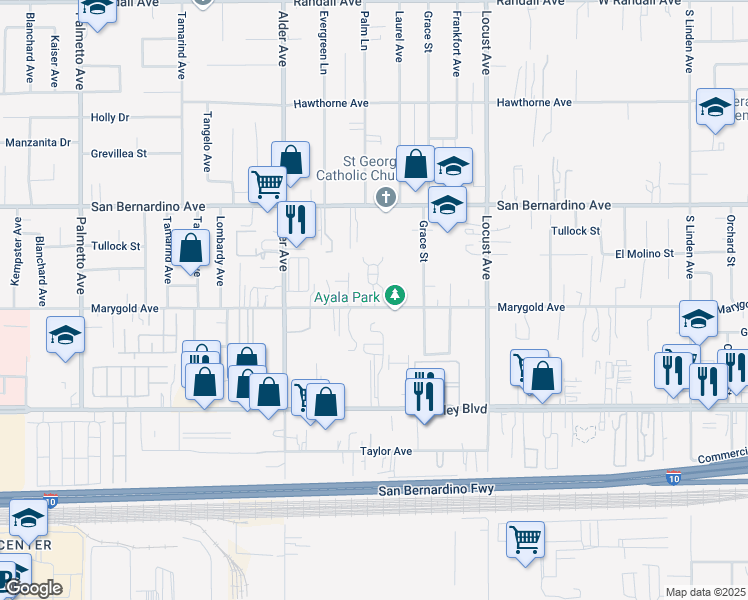 map of restaurants, bars, coffee shops, grocery stores, and more near 17897 Marygold Avenue in Bloomington