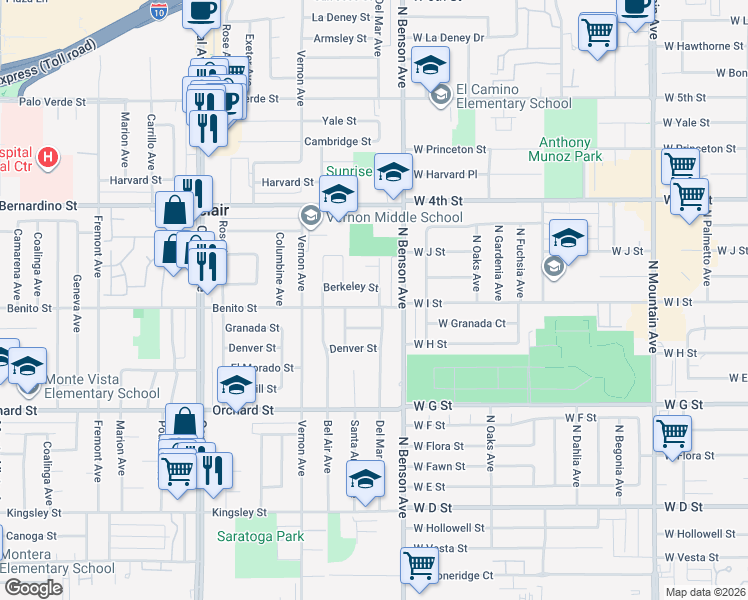 map of restaurants, bars, coffee shops, grocery stores, and more near 5627 Benito Street in Montclair