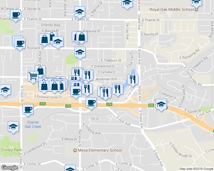 map of restaurants, bars, coffee shops, grocery stores, and more near 678 East Workman Street in Covina