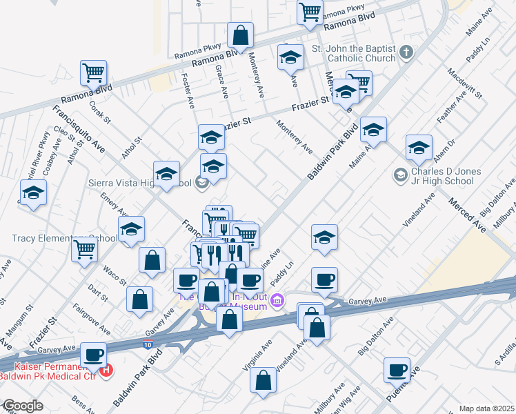 map of restaurants, bars, coffee shops, grocery stores, and more near 13630 Foster Avenue in Baldwin Park