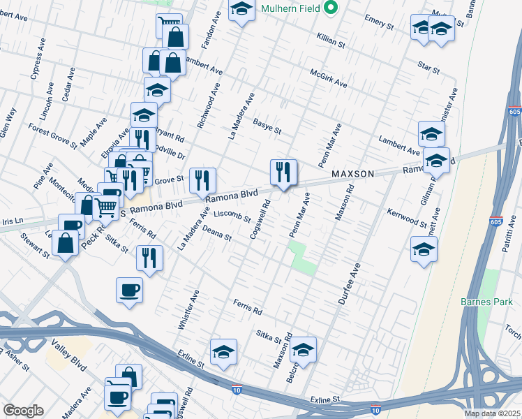 map of restaurants, bars, coffee shops, grocery stores, and more near 3912 Dacona Avenue in El Monte