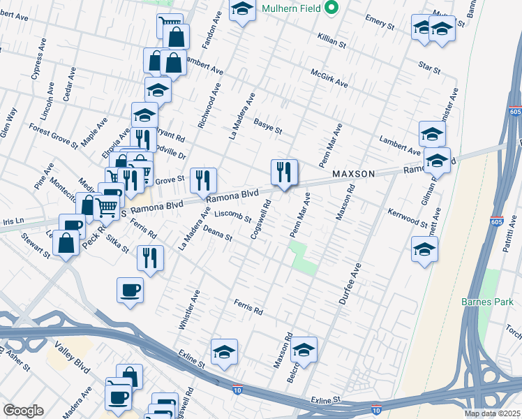 map of restaurants, bars, coffee shops, grocery stores, and more near 3912 Dacona Avenue in El Monte