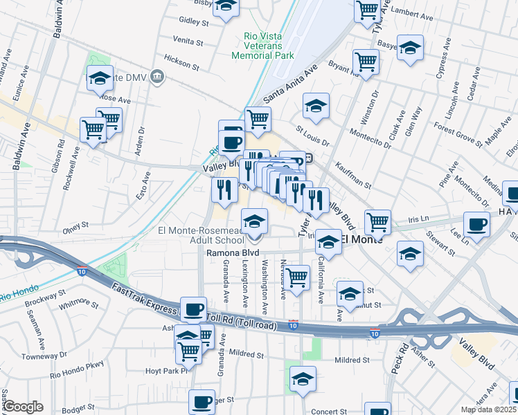map of restaurants, bars, coffee shops, grocery stores, and more near 10911 Las Flores Drive in El Monte