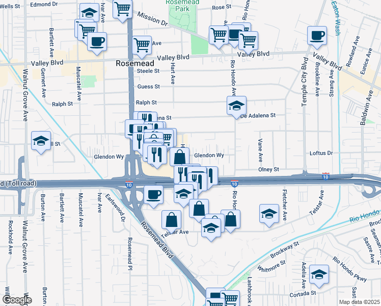 map of restaurants, bars, coffee shops, grocery stores, and more near 9228 Glendon Way in Rosemead