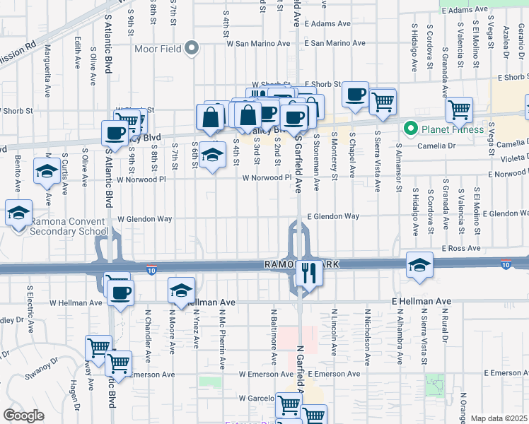 map of restaurants, bars, coffee shops, grocery stores, and more near 1800 South 3rd Street in Alhambra