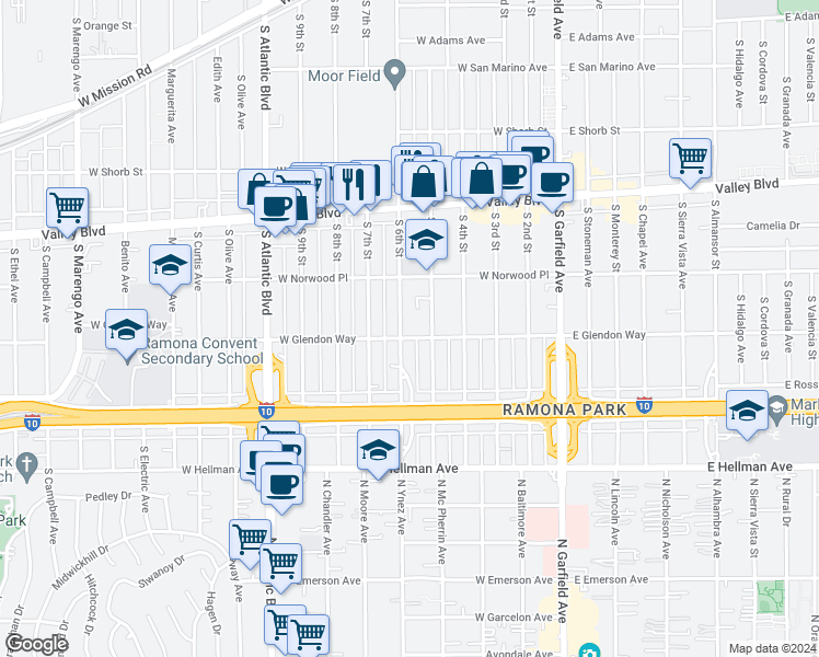 map of restaurants, bars, coffee shops, grocery stores, and more near 1721 South 6th Street in Alhambra