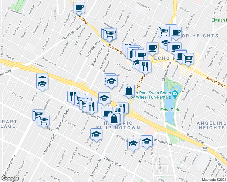 map of restaurants, bars, coffee shops, grocery stores, and more near 2221 Bellevue Avenue in Los Angeles