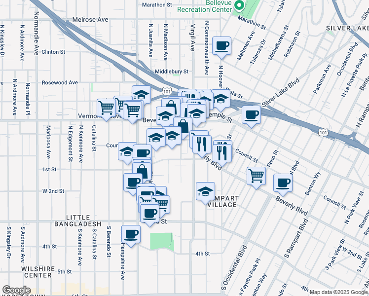 map of restaurants, bars, coffee shops, grocery stores, and more near 111 North Virgil Avenue in Los Angeles