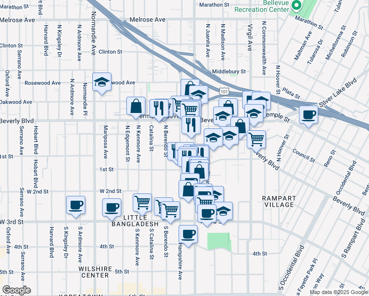 map of restaurants, bars, coffee shops, grocery stores, and more near 143 North New Hampshire Avenue in Los Angeles