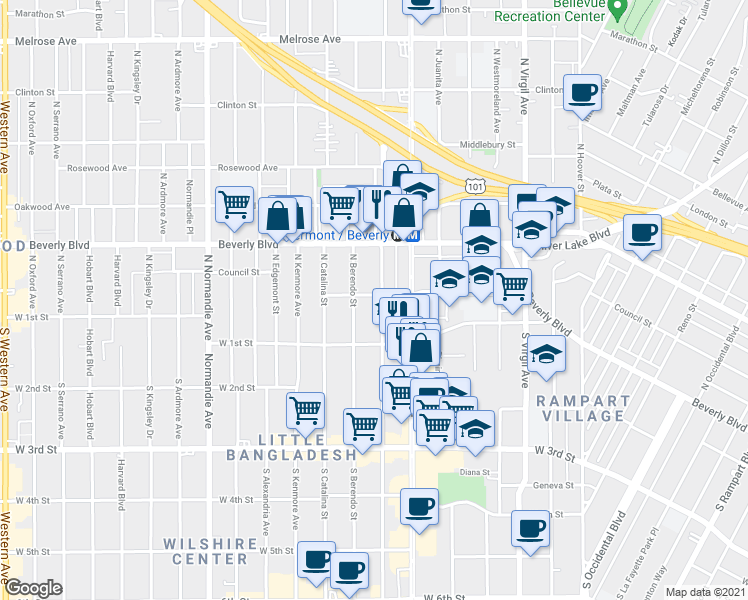 map of restaurants, bars, coffee shops, grocery stores, and more near 143 North New Hampshire Avenue in Los Angeles