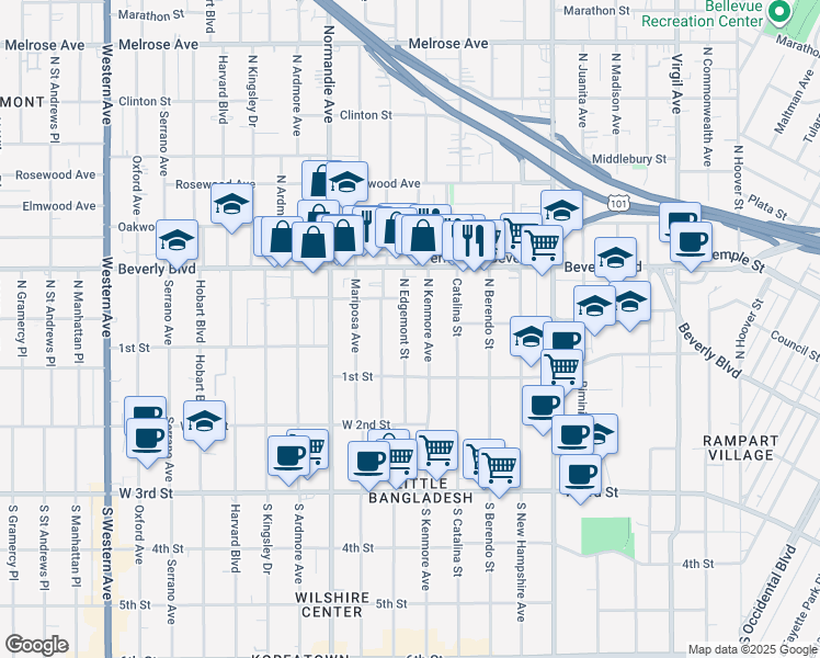 map of restaurants, bars, coffee shops, grocery stores, and more near 136 North Edgemont Street in Los Angeles