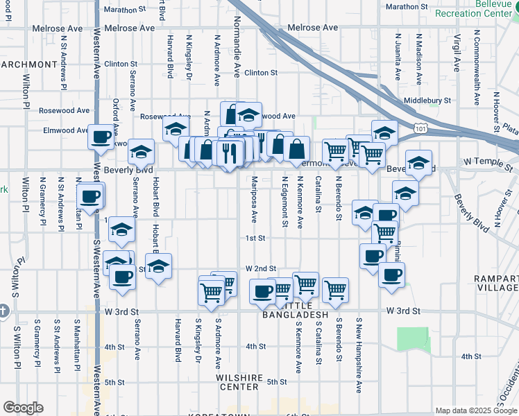 map of restaurants, bars, coffee shops, grocery stores, and more near 136 North Mariposa Avenue in Los Angeles