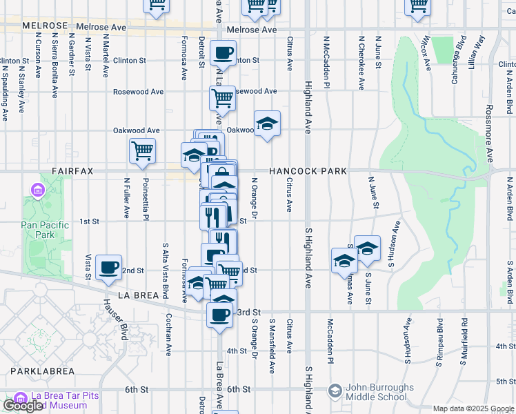 map of restaurants, bars, coffee shops, grocery stores, and more near 111 North Mansfield Avenue in Los Angeles