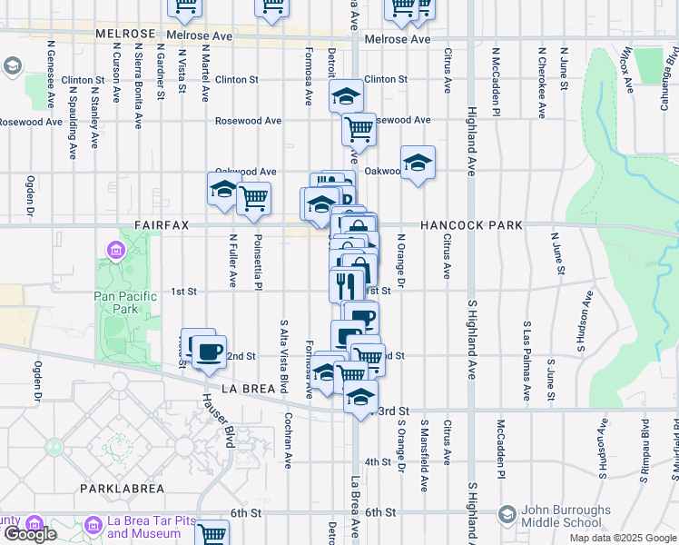 map of restaurants, bars, coffee shops, grocery stores, and more near 113 North Detroit Street in Los Angeles