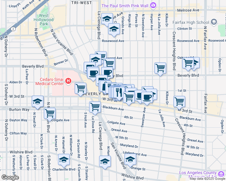 map of restaurants, bars, coffee shops, grocery stores, and more near 116 South Croft Avenue in Los Angeles