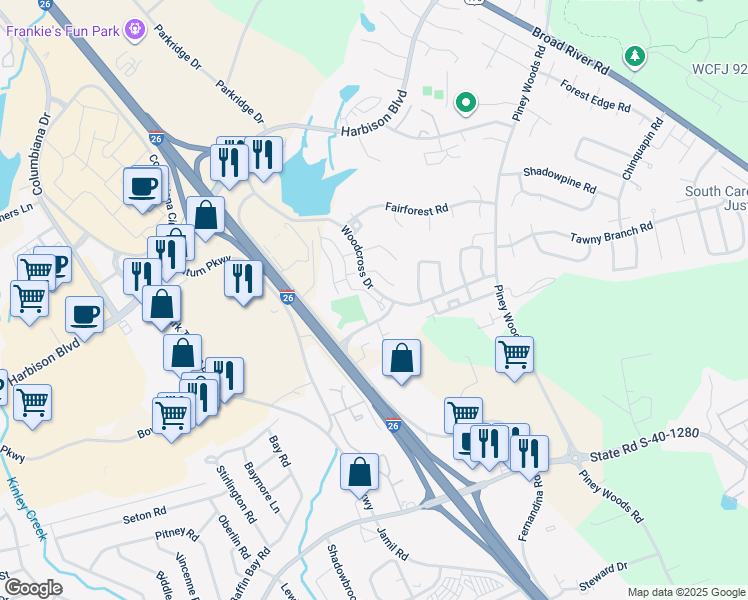 map of restaurants, bars, coffee shops, grocery stores, and more near 34 Woodcross Drive in Columbia