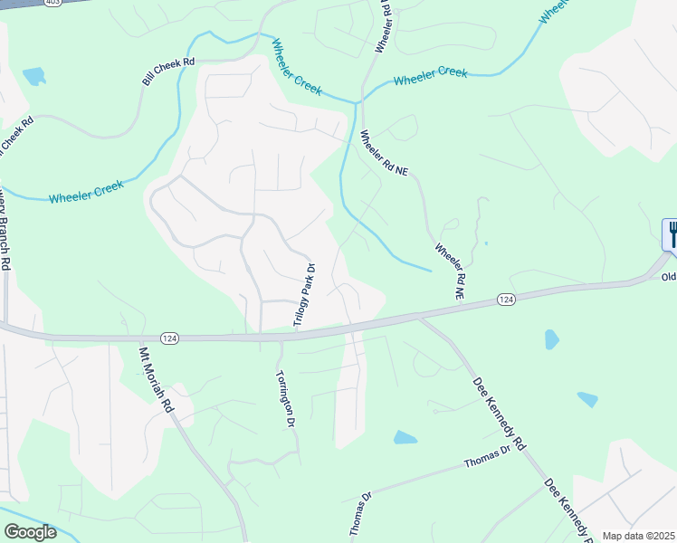 map of restaurants, bars, coffee shops, grocery stores, and more near 1331 Ashbury Park Drive Northeast in Hoschton