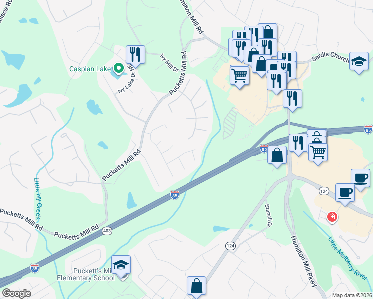 map of restaurants, bars, coffee shops, grocery stores, and more near 3250 Kylay Court Northeast in Buford