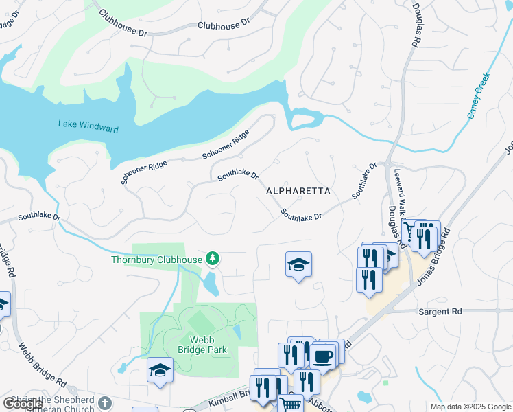 map of restaurants, bars, coffee shops, grocery stores, and more near 840 Stonehaven Lane in Alpharetta