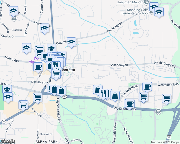 map of restaurants, bars, coffee shops, grocery stores, and more near 2436 Loxford Lane in Alpharetta