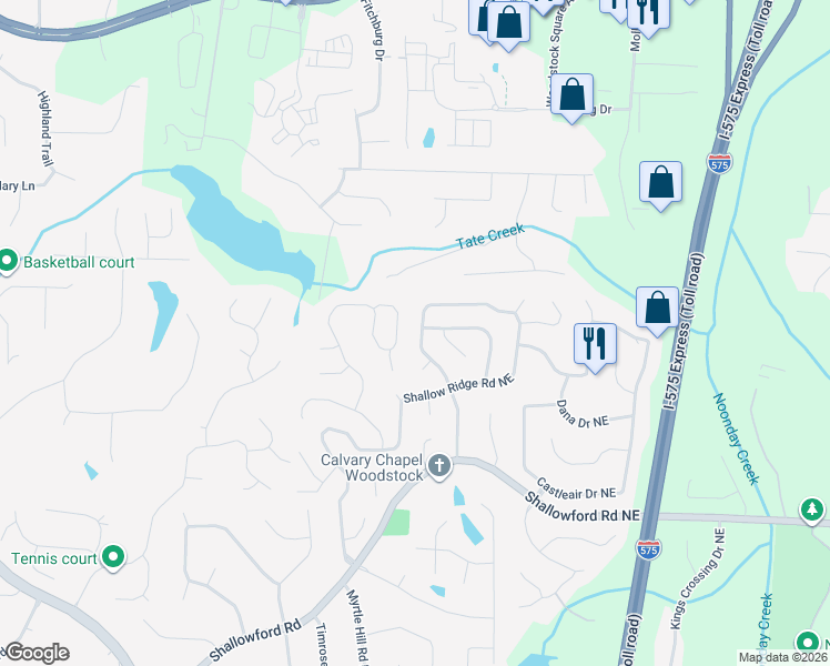 map of restaurants, bars, coffee shops, grocery stores, and more near 5004 Shallow Ridge Road Northeast in Kennesaw