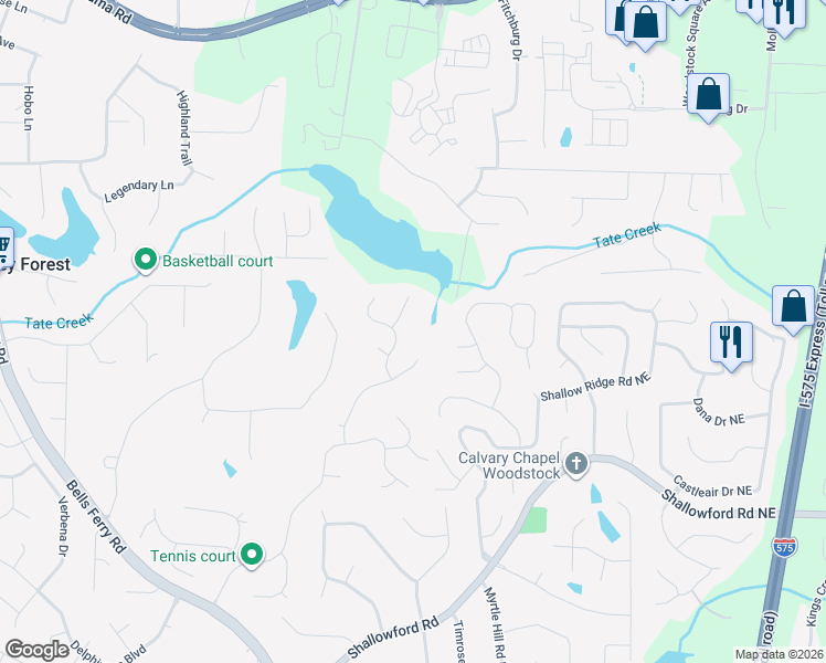map of restaurants, bars, coffee shops, grocery stores, and more near 4960 Thornwood Trce Northwest in Acworth