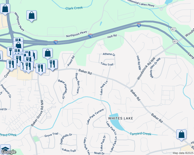 map of restaurants, bars, coffee shops, grocery stores, and more near 4832 Batiste Lane in Acworth