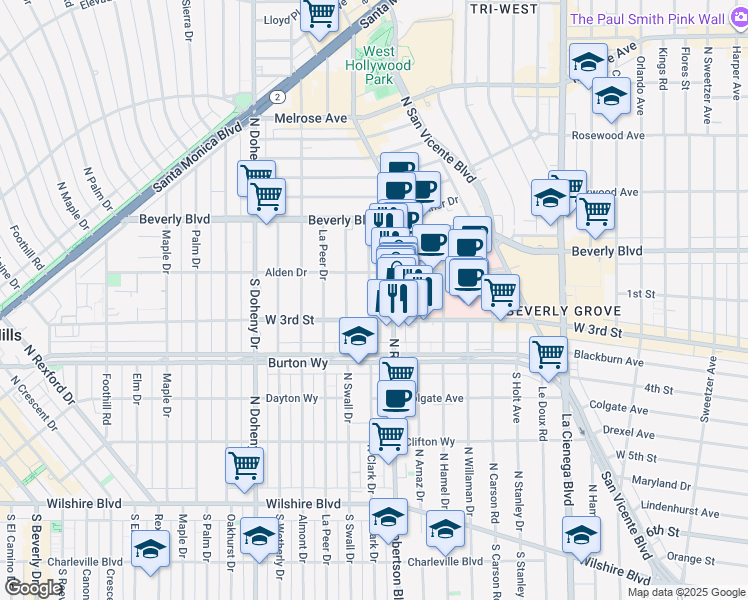 map of restaurants, bars, coffee shops, grocery stores, and more near 142 South Clark Drive in West Hollywood