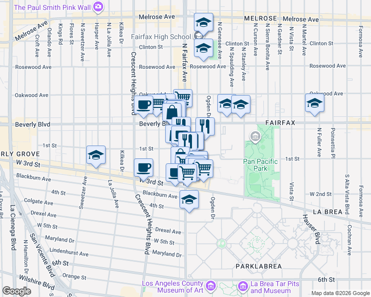 map of restaurants, bars, coffee shops, grocery stores, and more near 2 Fairfax Avenue in Los Angeles