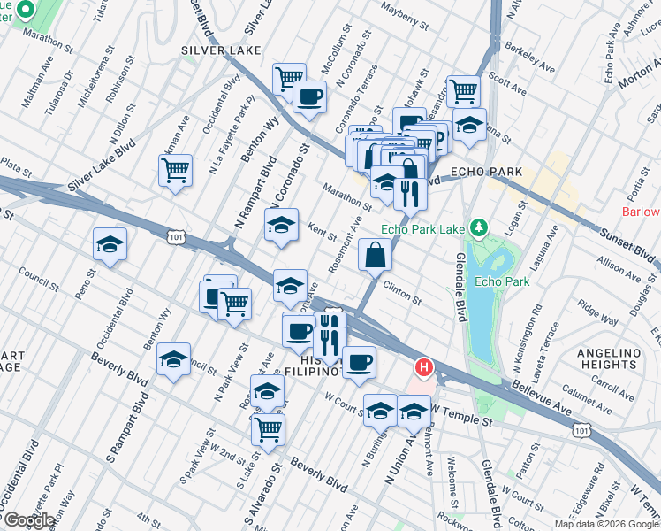 map of restaurants, bars, coffee shops, grocery stores, and more near 623 Rosemont Avenue in Los Angeles