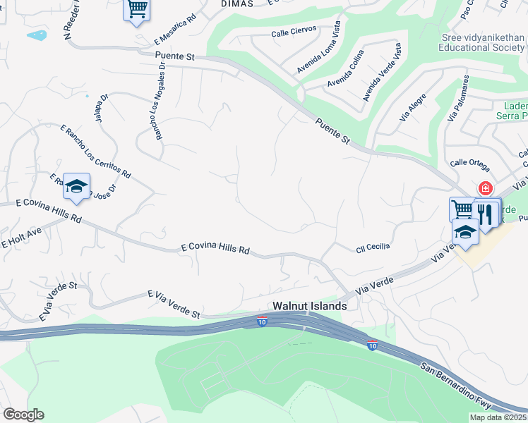 map of restaurants, bars, coffee shops, grocery stores, and more near Calle Cristina in San Dimas