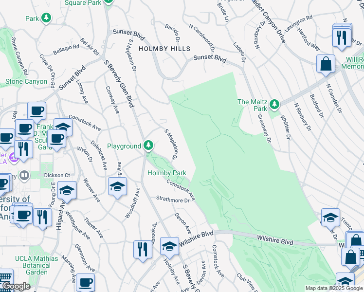 map of restaurants, bars, coffee shops, grocery stores, and more near 570 South Mapleton Drive in Los Angeles