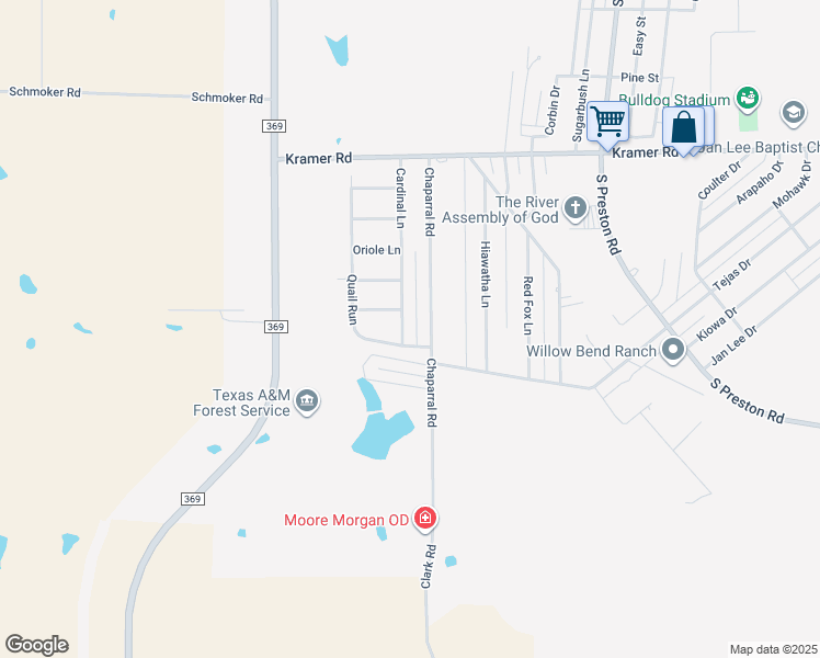 map of restaurants, bars, coffee shops, grocery stores, and more near 1435 Cardinal Lane in Burkburnett