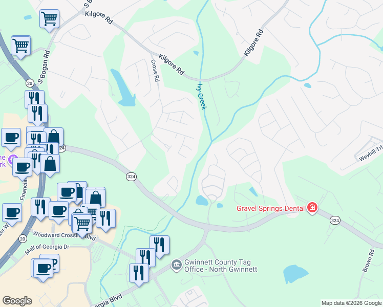 map of restaurants, bars, coffee shops, grocery stores, and more near 2208 Mill Garden Place Northeast in Buford