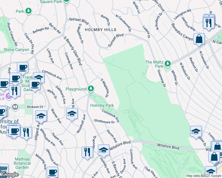 map of restaurants, bars, coffee shops, grocery stores, and more near 570 South Mapleton Drive in Los Angeles