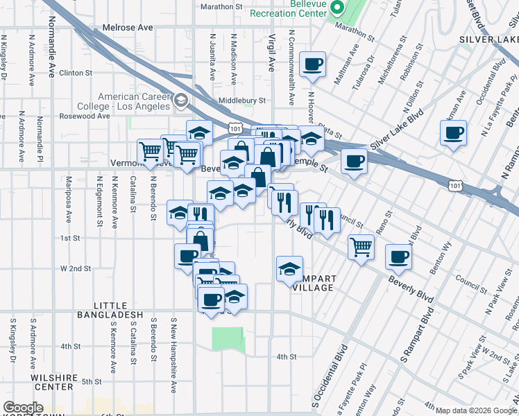 map of restaurants, bars, coffee shops, grocery stores, and more near 111 North Virgil Avenue in Los Angeles