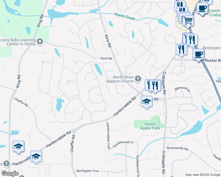 map of restaurants, bars, coffee shops, grocery stores, and more near 365 Coleraine Place in Roswell