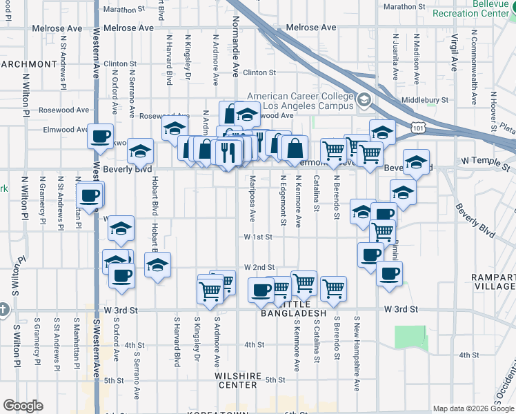 map of restaurants, bars, coffee shops, grocery stores, and more near 136 North Mariposa Avenue in Los Angeles