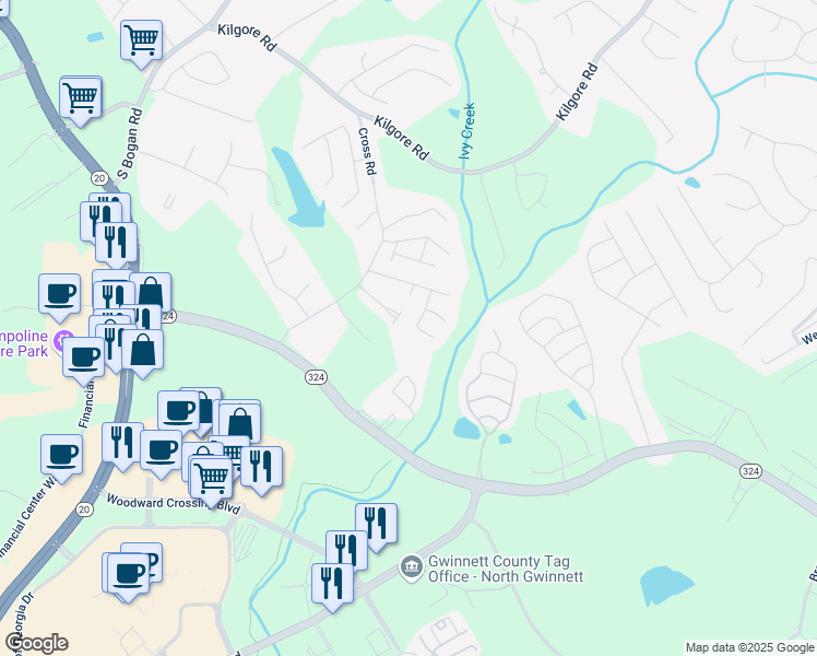 map of restaurants, bars, coffee shops, grocery stores, and more near 2138 Mill Garden Run Northeast in Buford