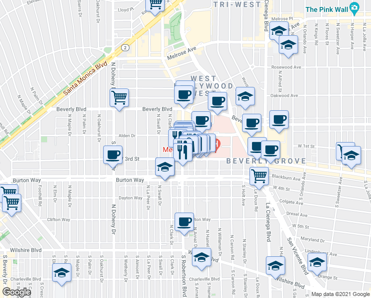 map of restaurants, bars, coffee shops, grocery stores, and more near 8741 West 3rd Street in Los Angeles
