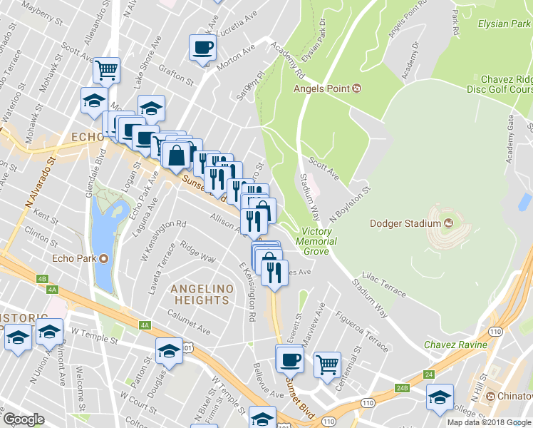 map of restaurants, bars, coffee shops, grocery stores, and more near 1323 West Lilac Terrace in Los Angeles